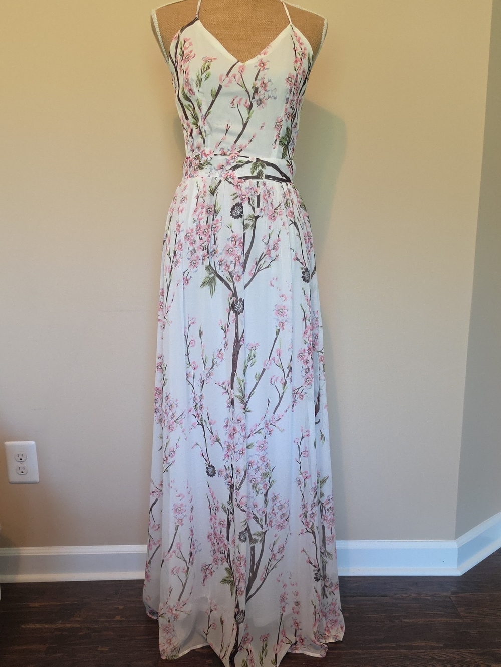 White Floral Maxi Dress with Pink Blossom Print